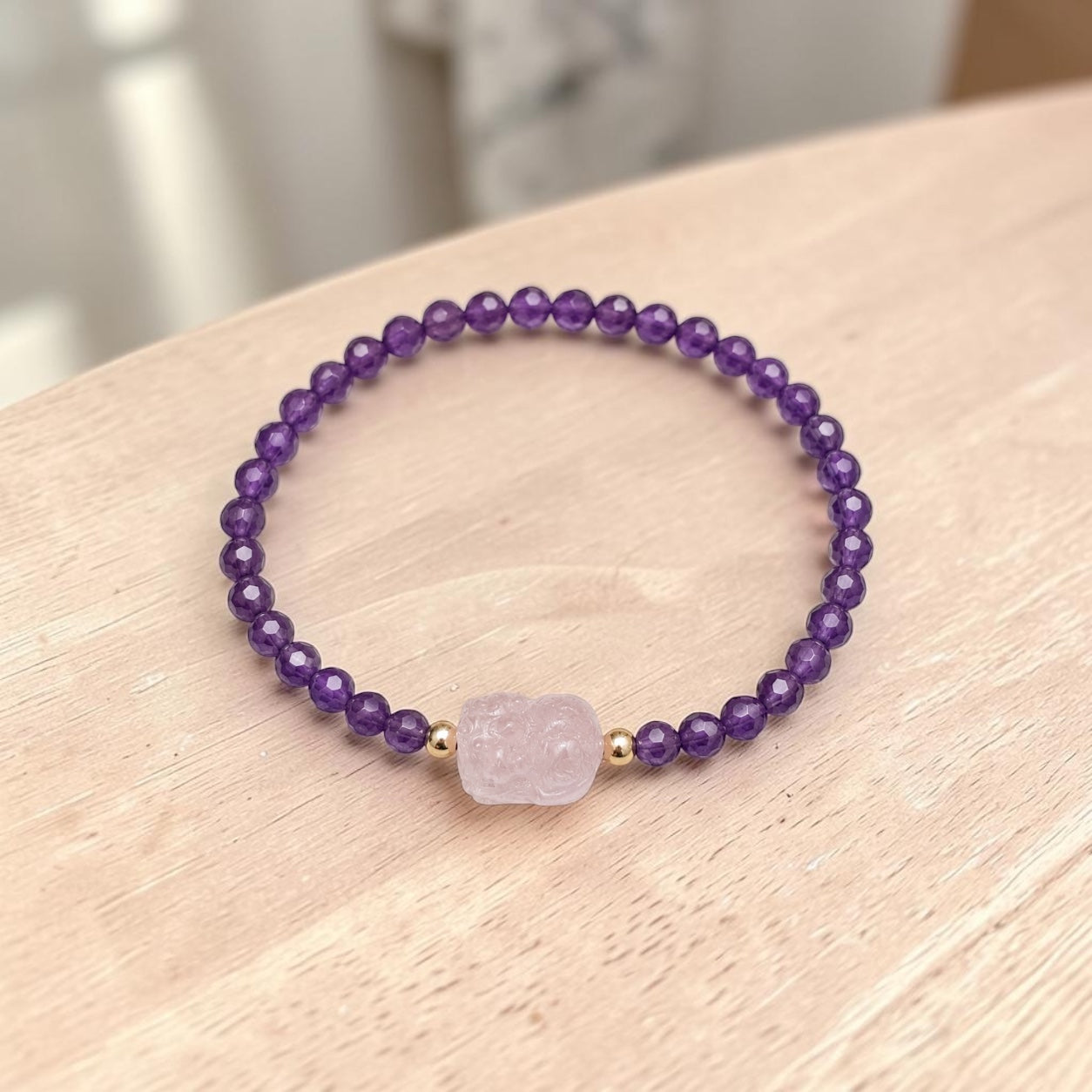 Success, Love & Luck Bracelet (4mm Faceted Amethyst with Rose Quartz Pixiu)
