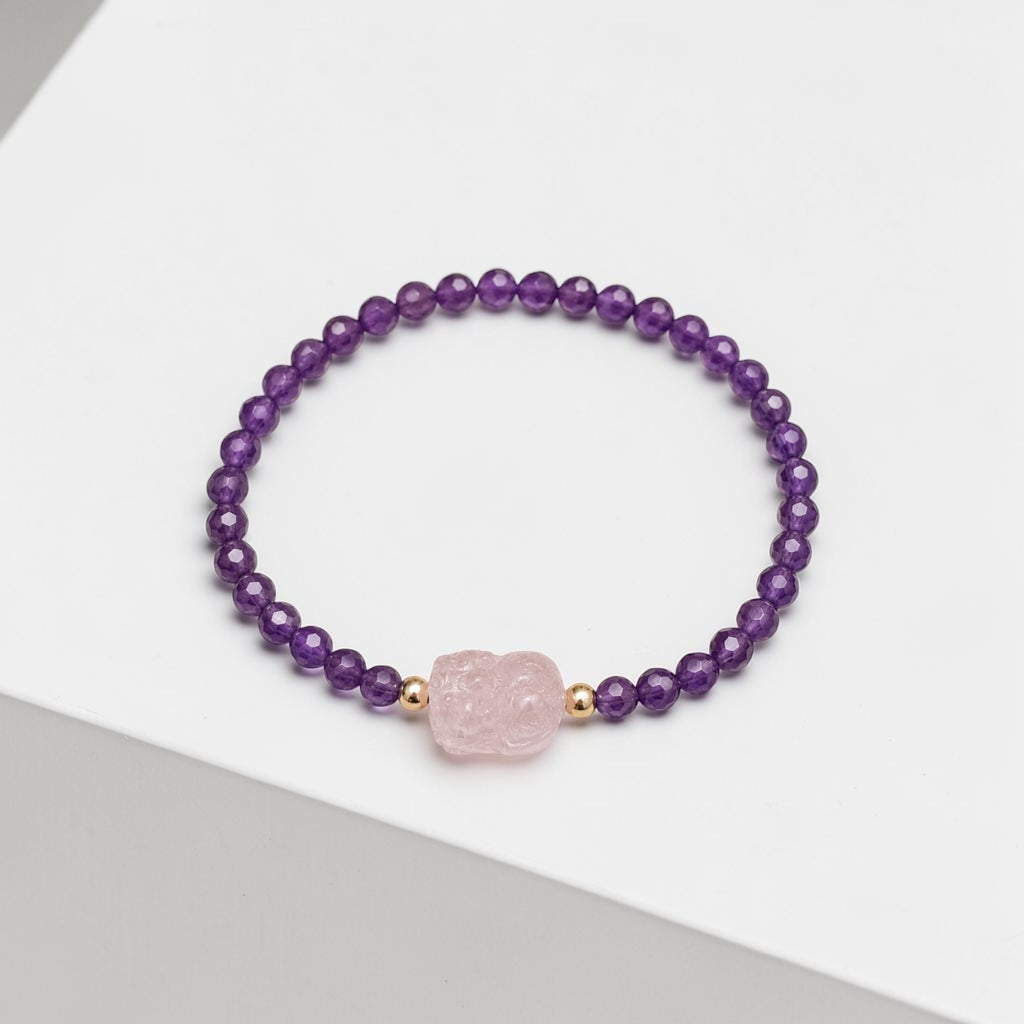 Success, Love & Luck Bracelet (4mm Faceted Amethyst with Rose Quartz Pixiu)