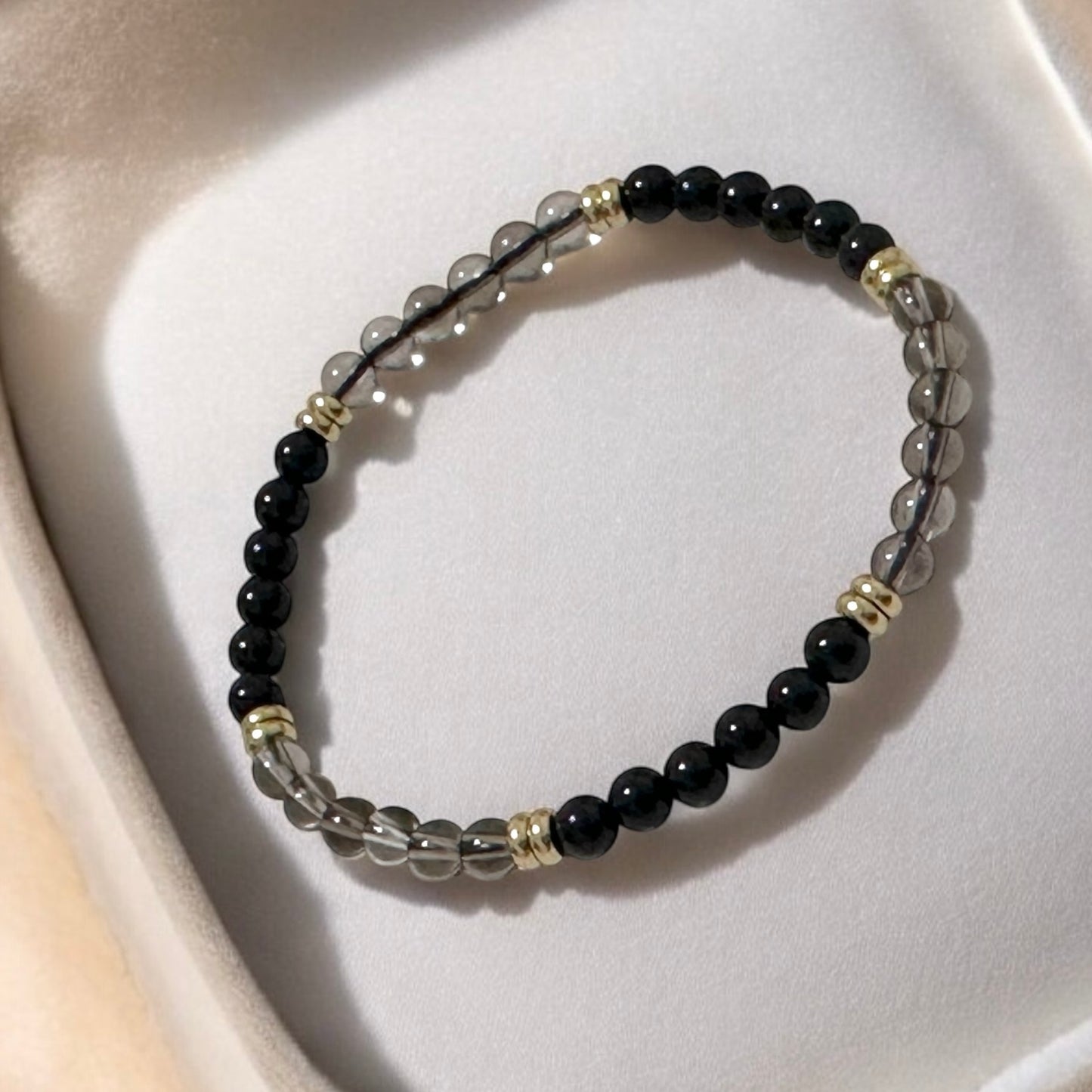 Grounding & Protection Bracelet with 4mm Black Tourmaline & Smoky Quartz with Stainless Steel Rondelle Beads