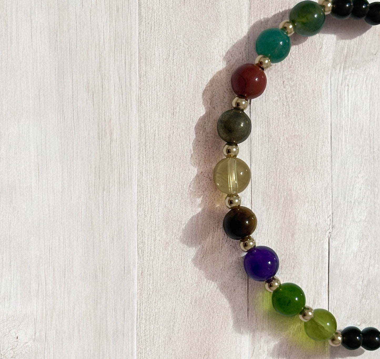 Power of 9, Ultimate Money Magnet Bracelet (Obsidian base with Moss Agate, Amazonite, Red Jasper, Pyrite, Citrine, Tiger’Eye, Amethyst, Taiwan Jade, Peridot & 14K Gold-Filled Beads)