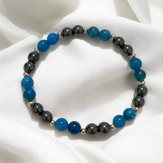 Stamina Booster Alchemy Bracelet (6mm Blue Apatite, Hematite & 14k gold filled beads)- Energy Endurance