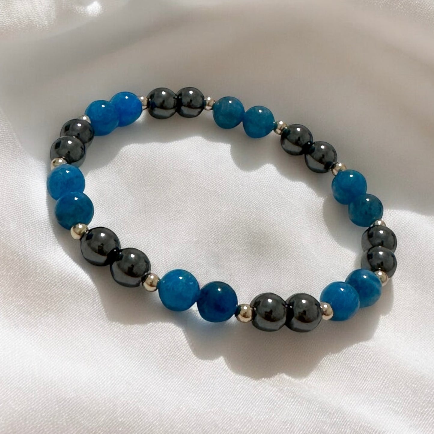 Stamina Booster Alchemy Bracelet (6mm Blue Apatite, Hematite & 14k gold filled beads)- Energy Endurance