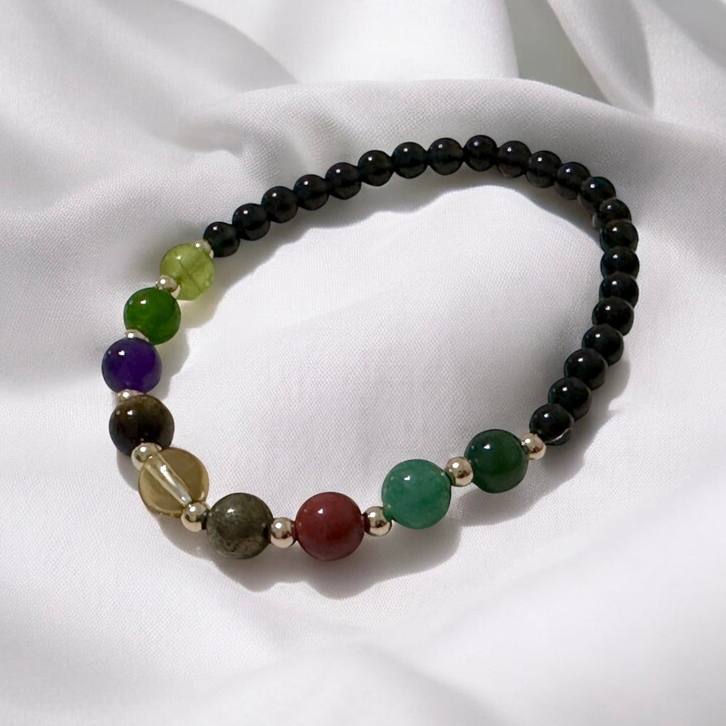 Power of 9, Ultimate Money Magnet Bracelet (Obsidian base with Moss Agate, Amazonite, Red Jasper, Pyrite, Citrine, Tiger’Eye, Amethyst, Taiwan Jade, Peridot & 14K Gold-Filled Beads)