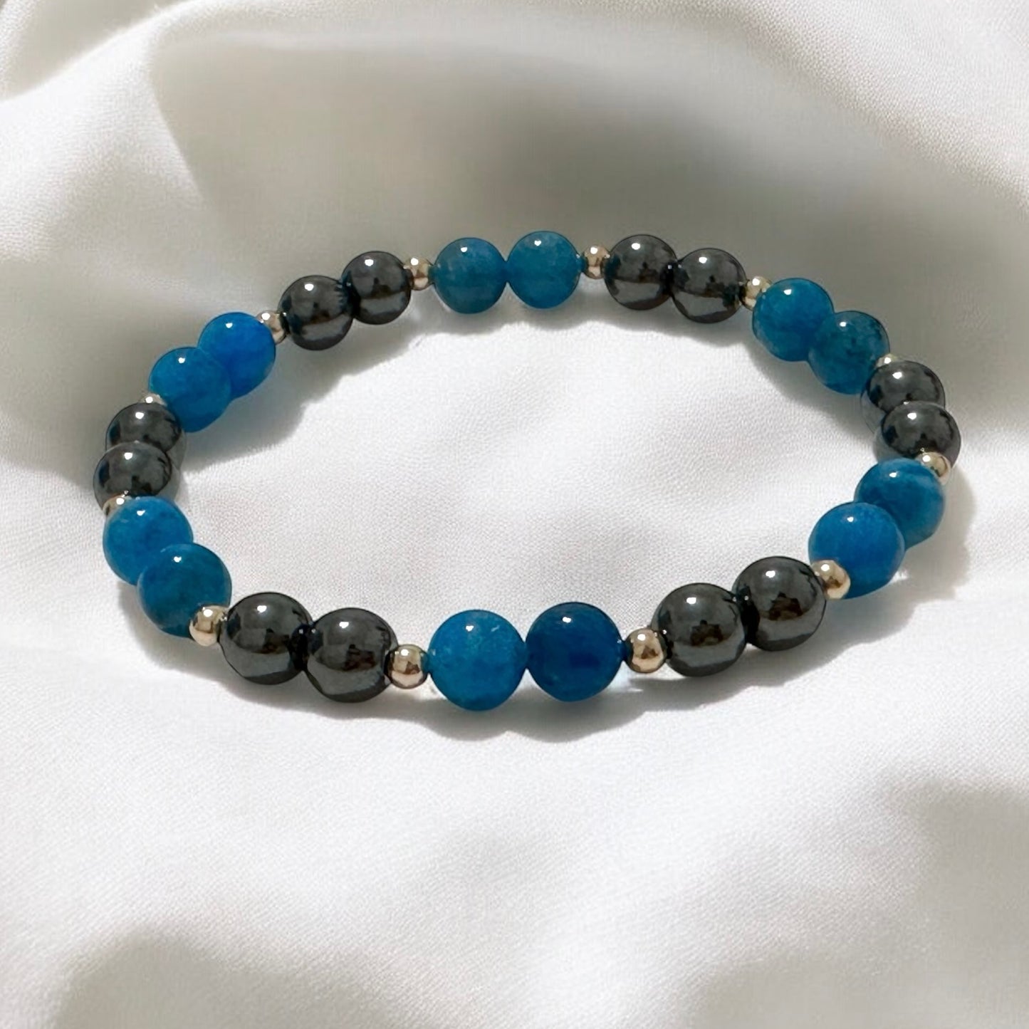 Stamina Booster Alchemy Bracelet (6mm Blue Apatite, Hematite & 14k gold filled beads)- Energy Endurance