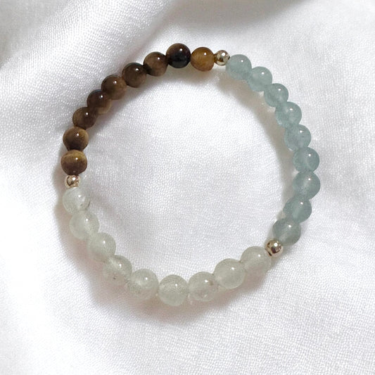 Smooth Journey Alchemy Bracelet (Protection, Flow & Ease in Travel) 6mm Aquamarine, Tiger’s Eye & Moonstone with 14K Gold-Filled Beads