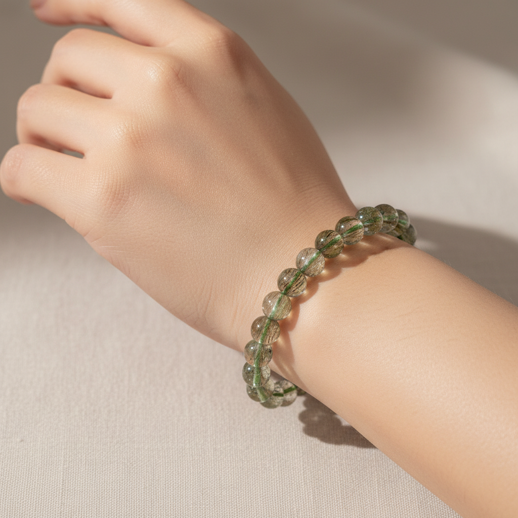 Green Tourmaline Rutilated Bracelet (Very Rare)8-9mm
