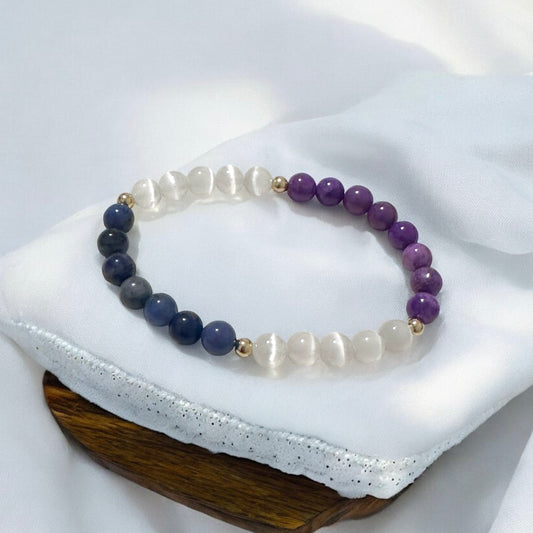 Serenity Flow Alchemy Bracelet (Stress Release) Blue Sodalite, Purple Mica, Selenite (6mm) with 14K Gold-Filled Beads