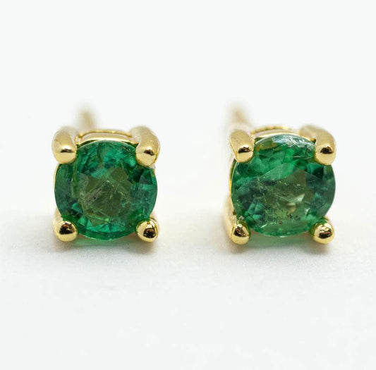 Solitaire Round Emerald Earrings 4.3mm Gold Platd 925 Silver (Abundance, Luck)