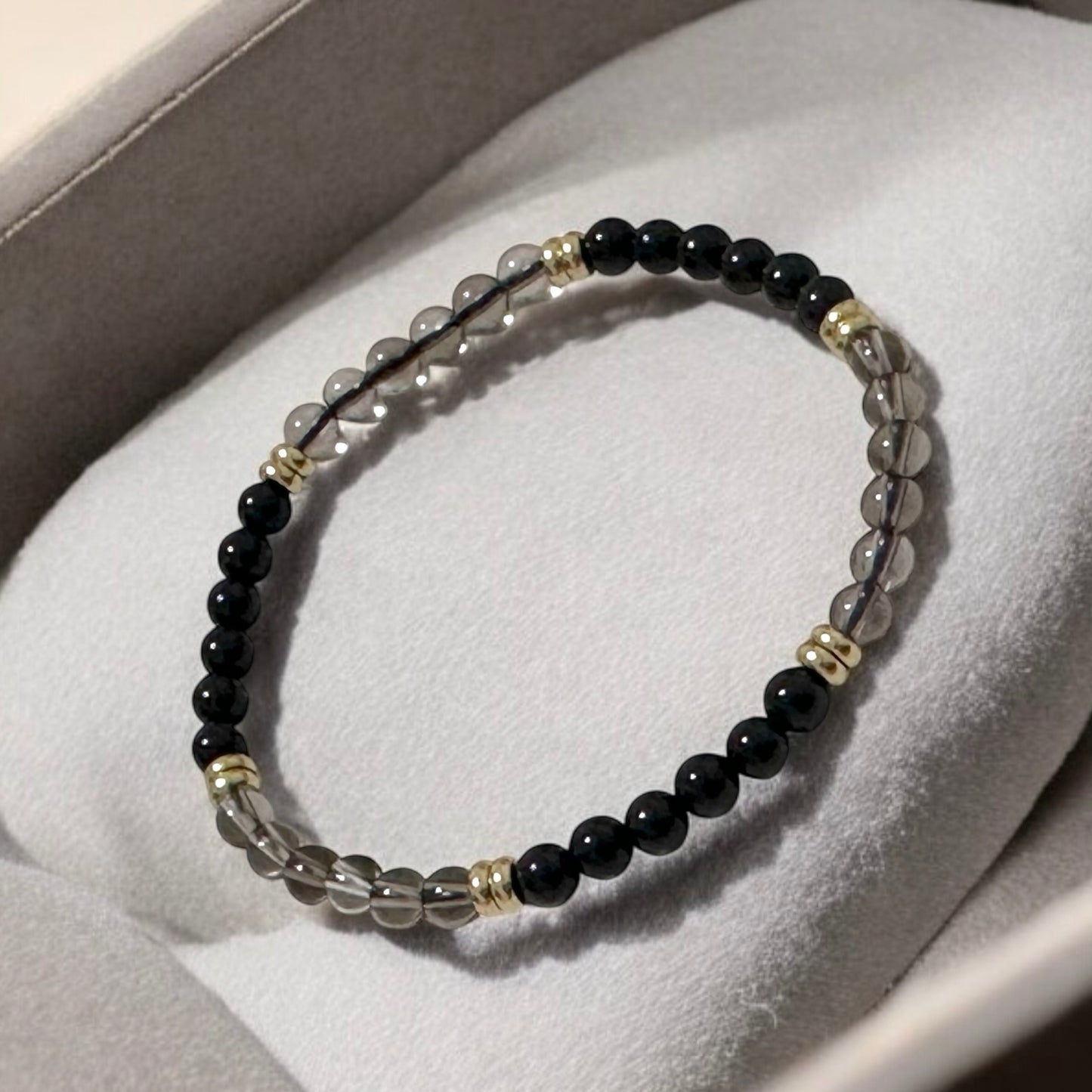 Grounding & Protection Bracelet with 4mm Black Tourmaline & Smoky Quartz with Stainless Steel Rondelle Beads