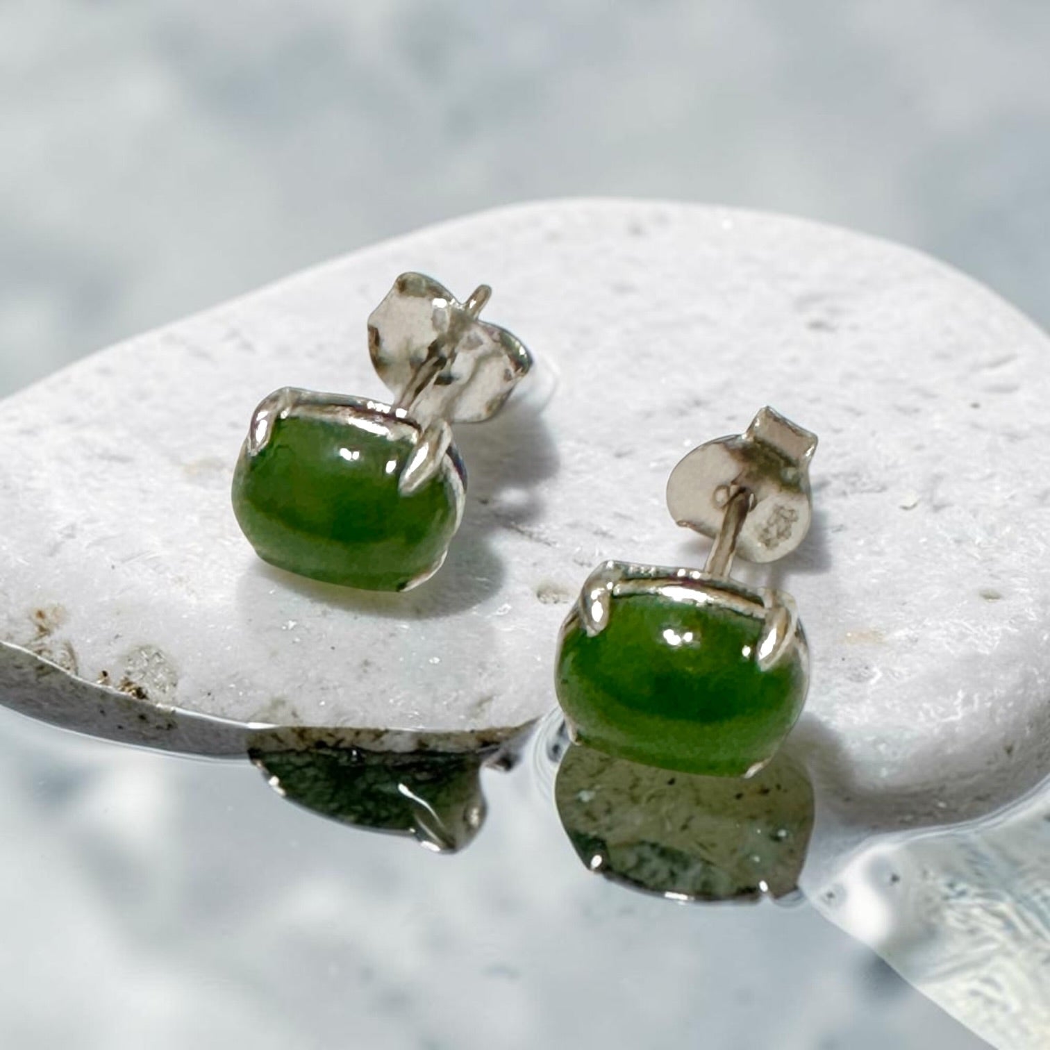 Russian Jade 6×8mm Oval 925 Silver Earrings