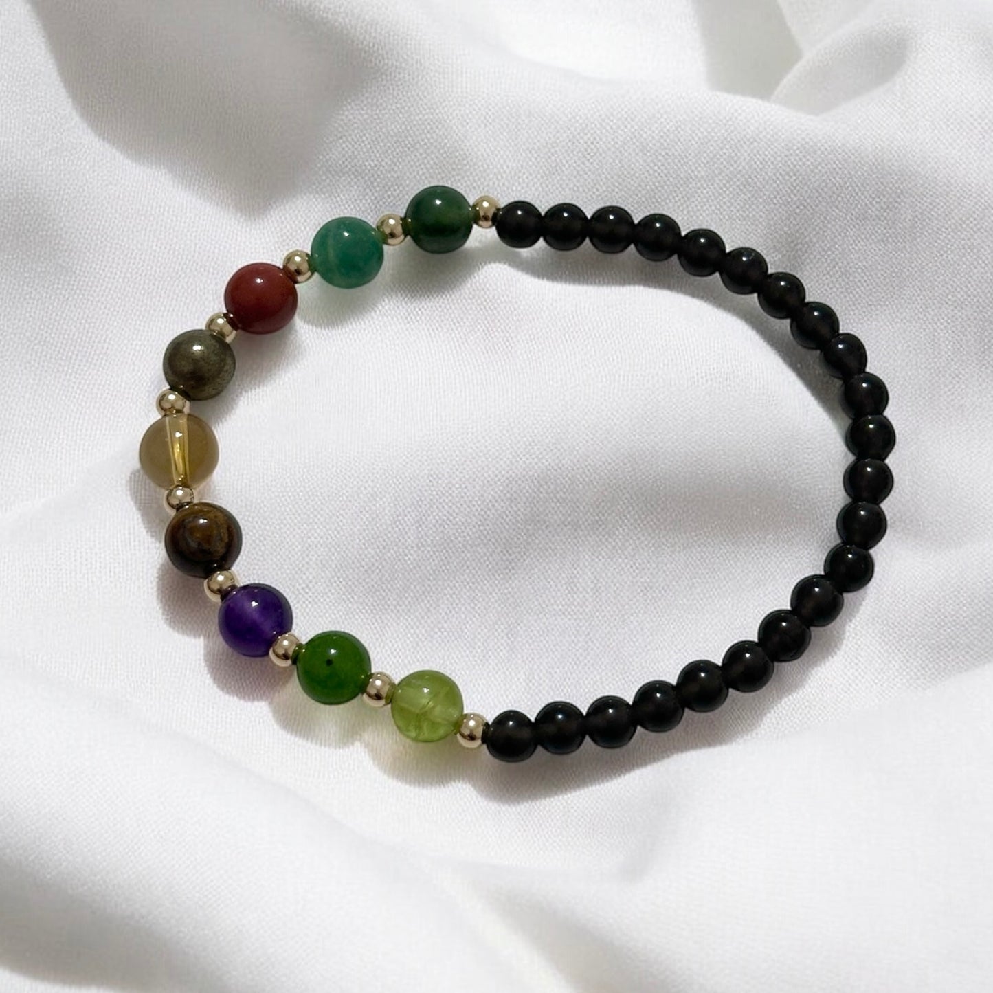 Power of 9, Ultimate Money Magnet Bracelet (Obsidian base with Moss Agate, Amazonite, Red Jasper, Pyrite, Citrine, Tiger’Eye, Amethyst, Taiwan Jade, Peridot & 14K Gold-Filled Beads)