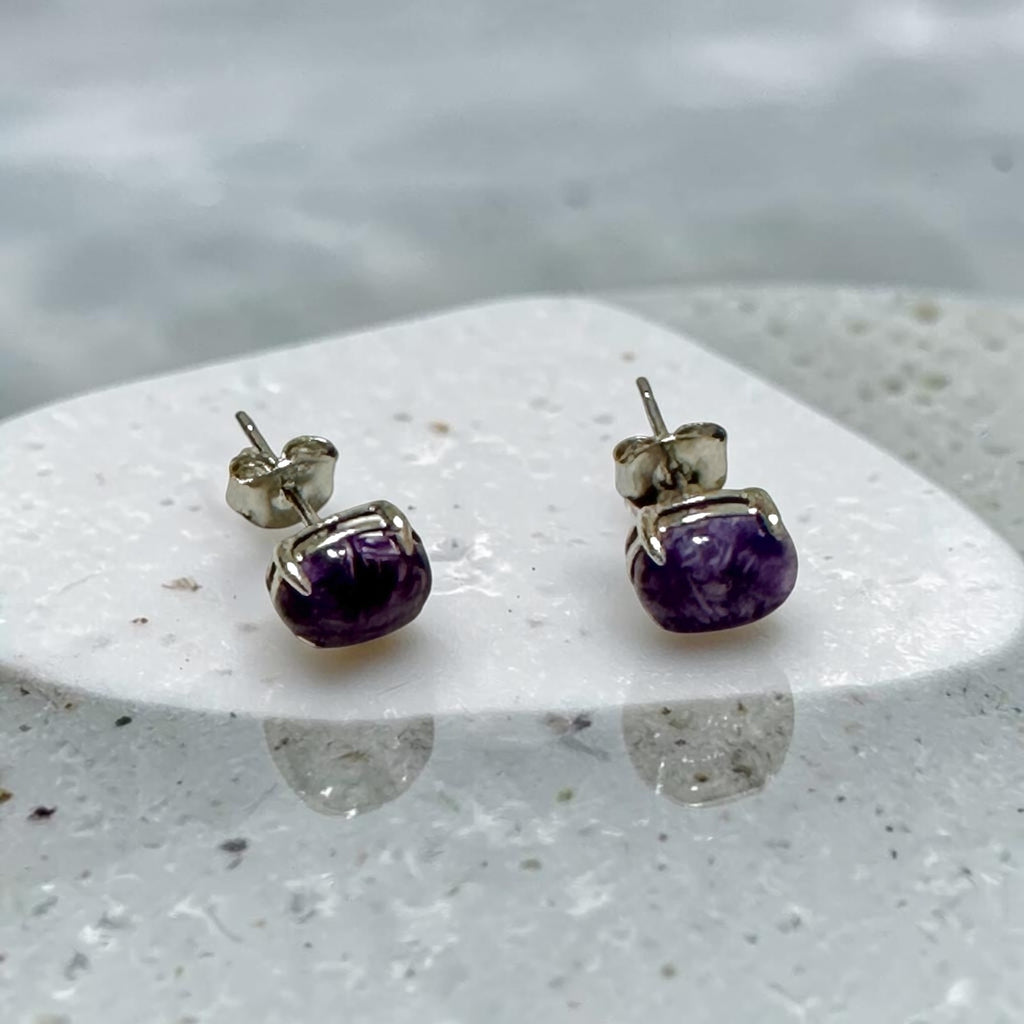 Charoite 6×8mm Oval 925 Silver Earrings