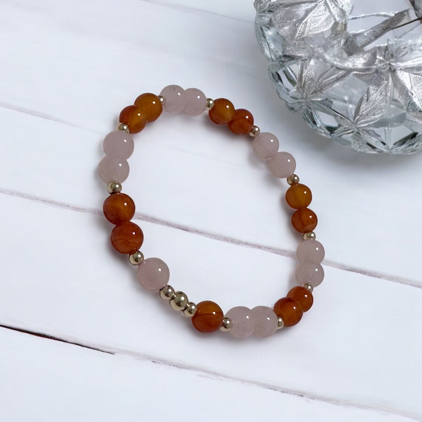 Creative Spark Alchemy Bracelet (Passion & Inspiration) 6mm Carnelian & Rose Quartz with 14k gold filled beads