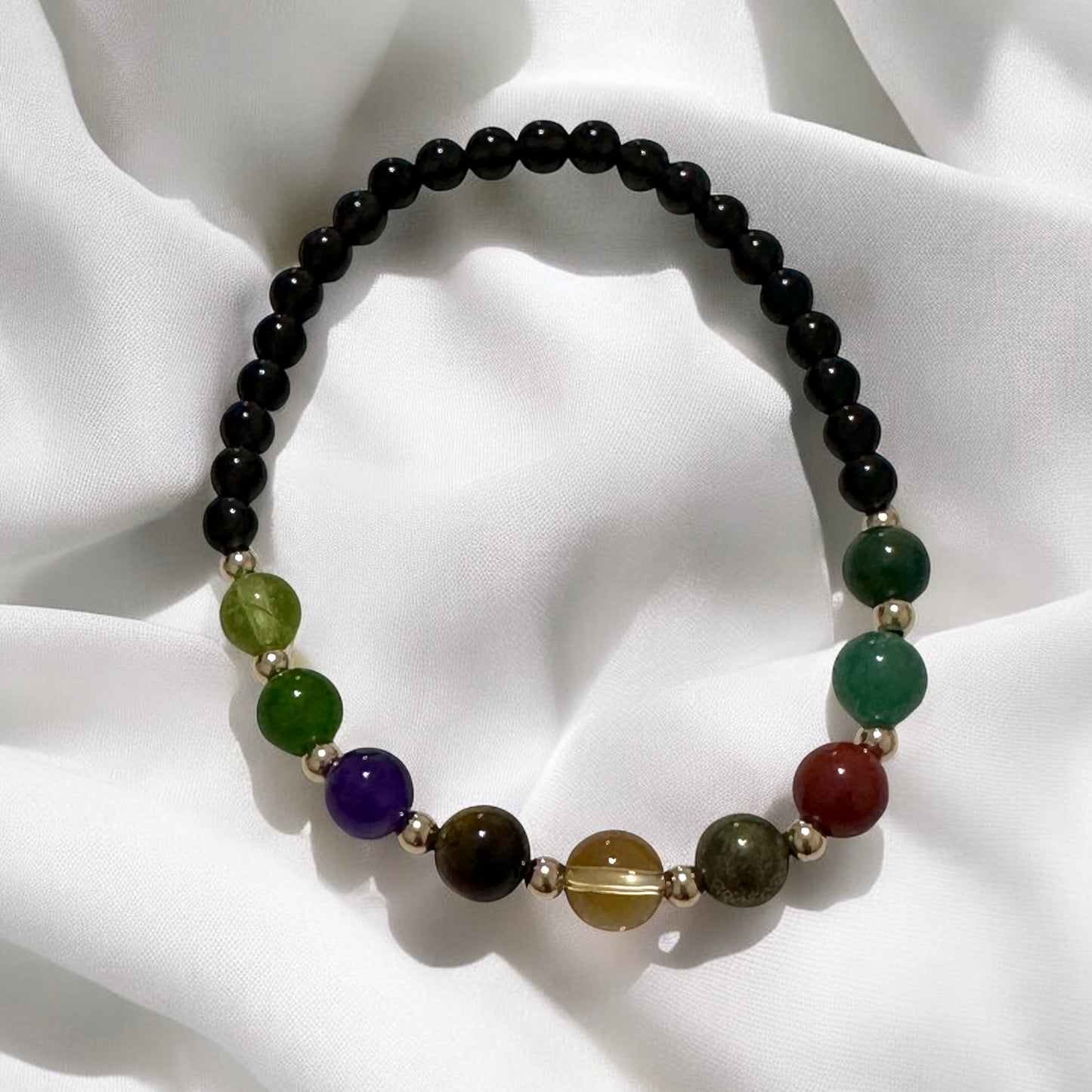 Power of 9, Ultimate Money Magnet Bracelet (Obsidian base with Moss Agate, Amazonite, Red Jasper, Pyrite, Citrine, Tiger’Eye, Amethyst, Taiwan Jade, Peridot & 14K Gold-Filled Beads)