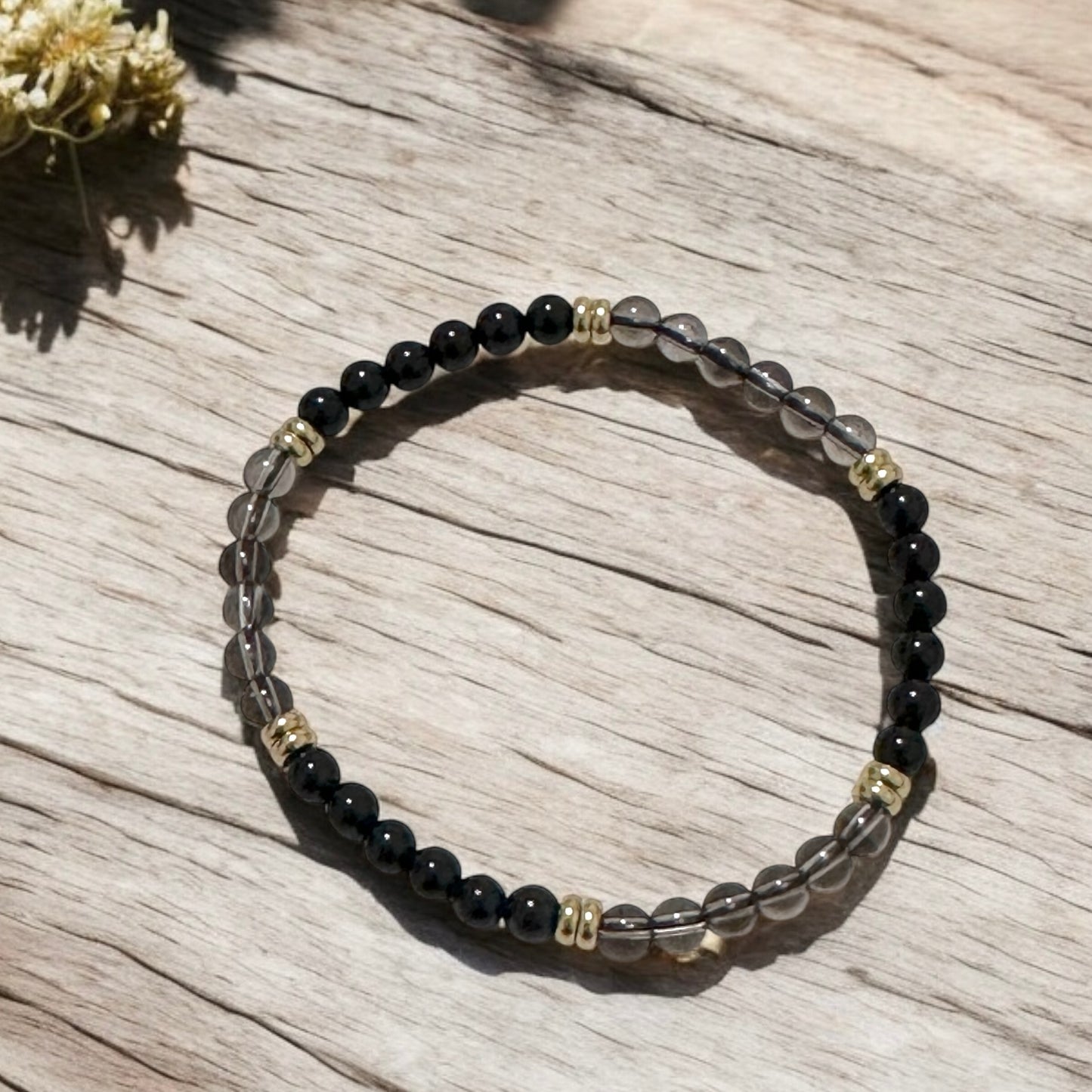 Grounding & Protection Bracelet with 4mm Black Tourmaline & Smoky Quartz with Stainless Steel Rondelle Beads