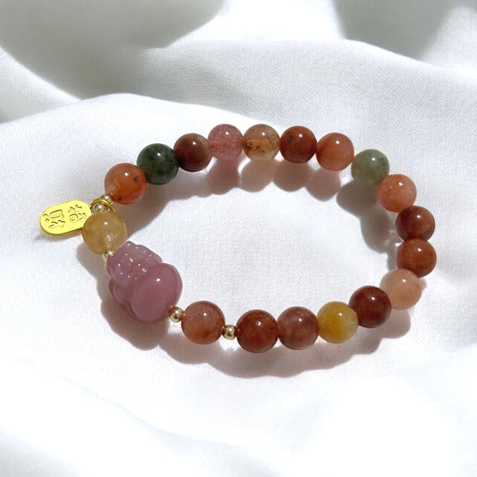 Attract Fortune Mixed Rutilated Quartz Bracelet with Pink Agate Pixiu, 14k gold beads and Copper Charm