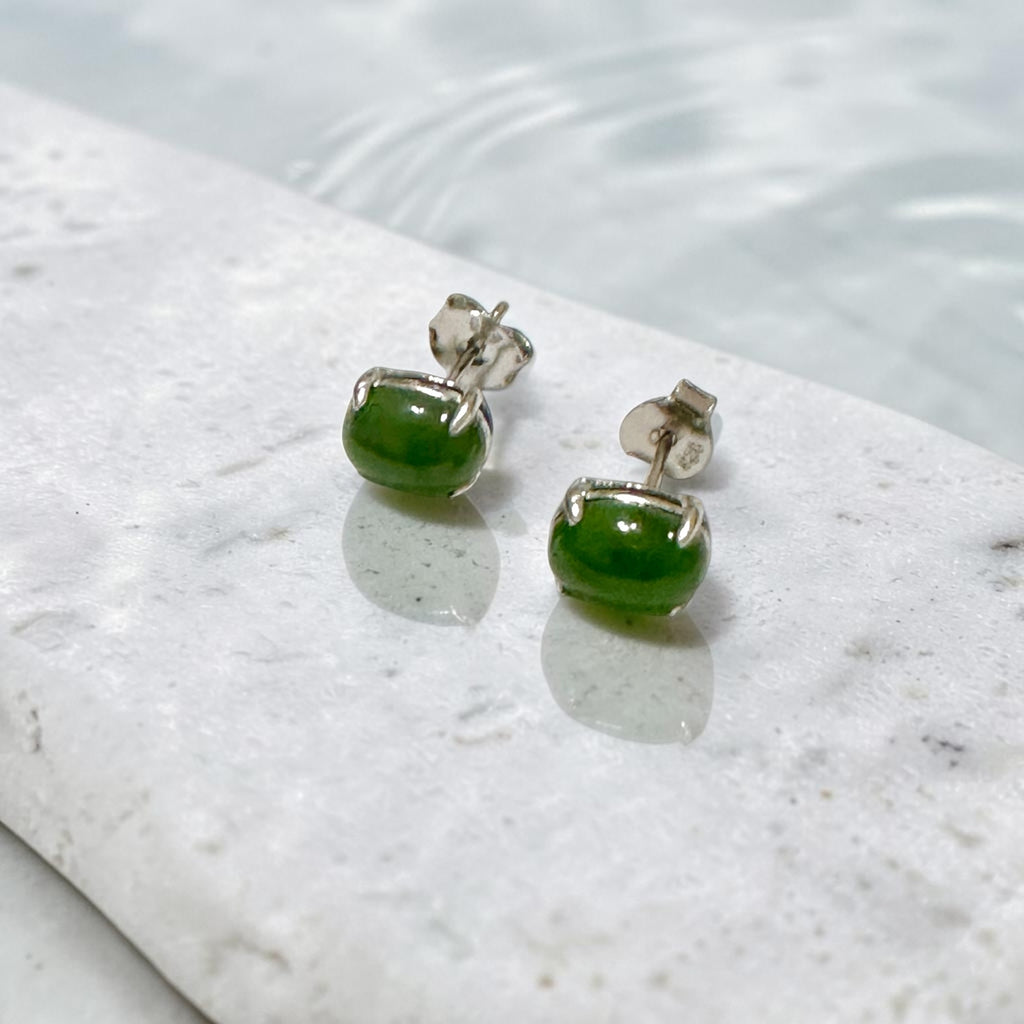 Russian Jade 6×8mm Oval 925 Silver Earrings