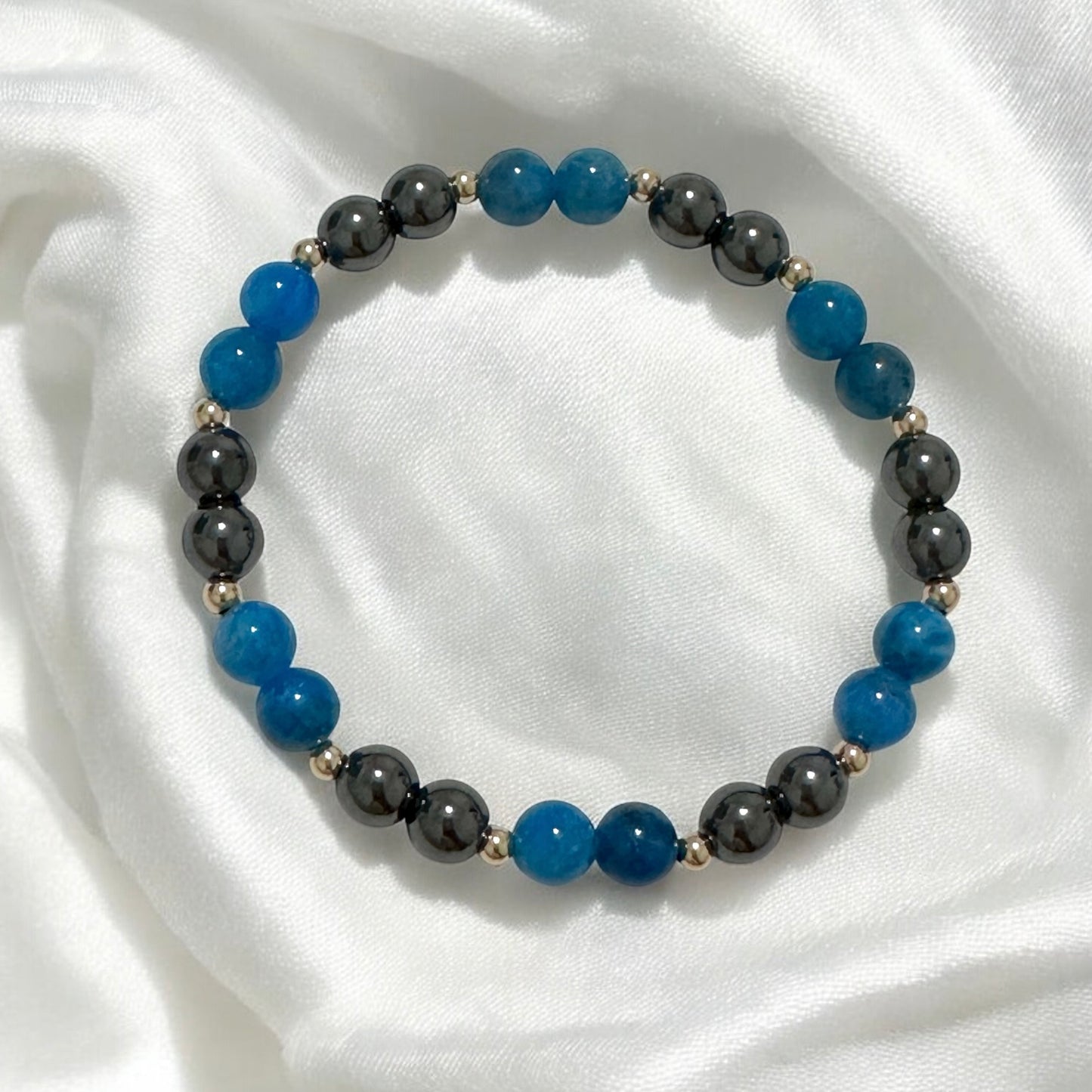 Stamina Booster Alchemy Bracelet (6mm Blue Apatite, Hematite & 14k gold filled beads)- Energy Endurance