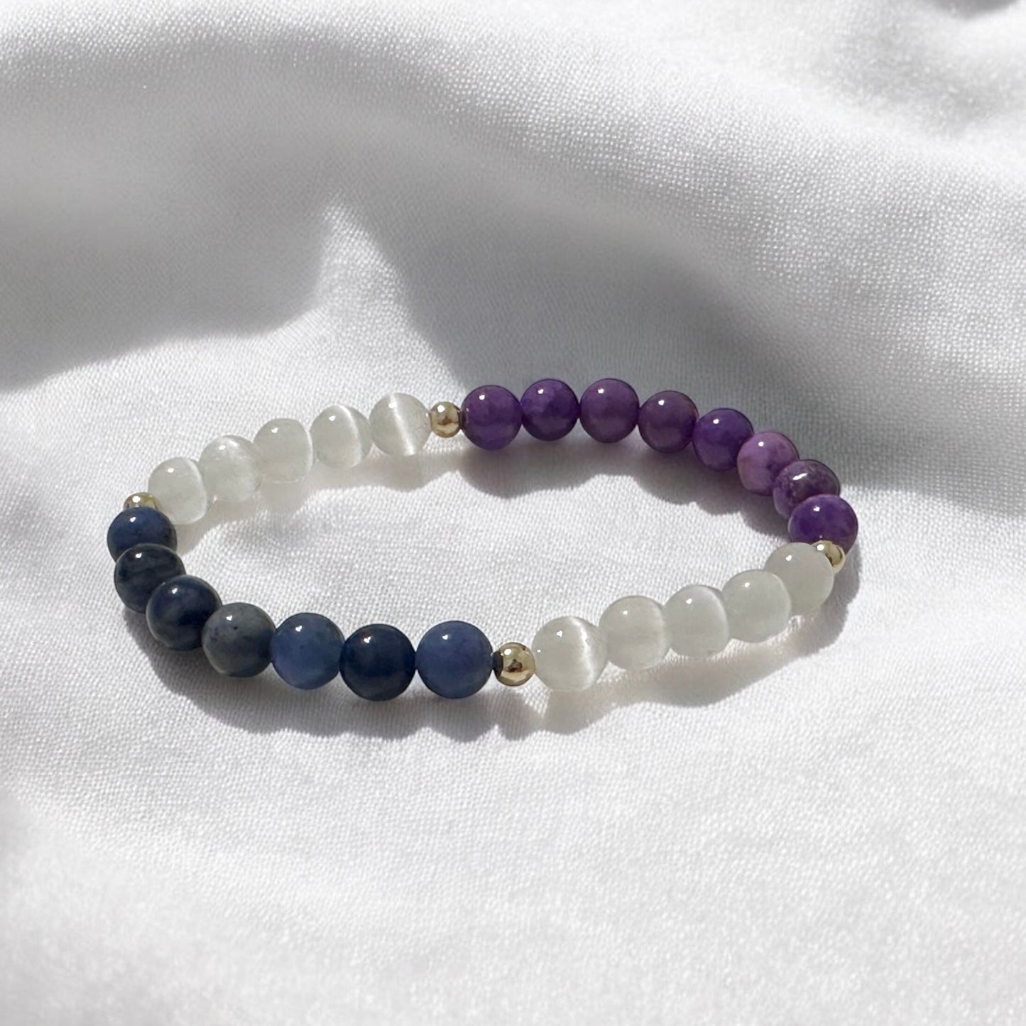 Serenity Flow Alchemy Bracelet (Stress Release) Blue Sodalite, Purple Mica, Selenite (6mm) with 14K Gold-Filled Beads