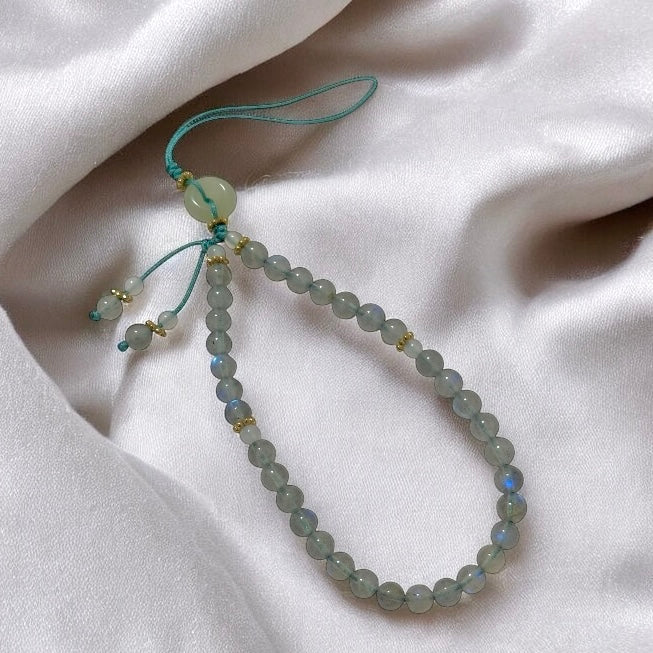 Labradorite 6mm Phone Strap Accessory for Energy Cleanse (with Moonstone, Jade Donut & Stainless Steel Beads) PREMIUM