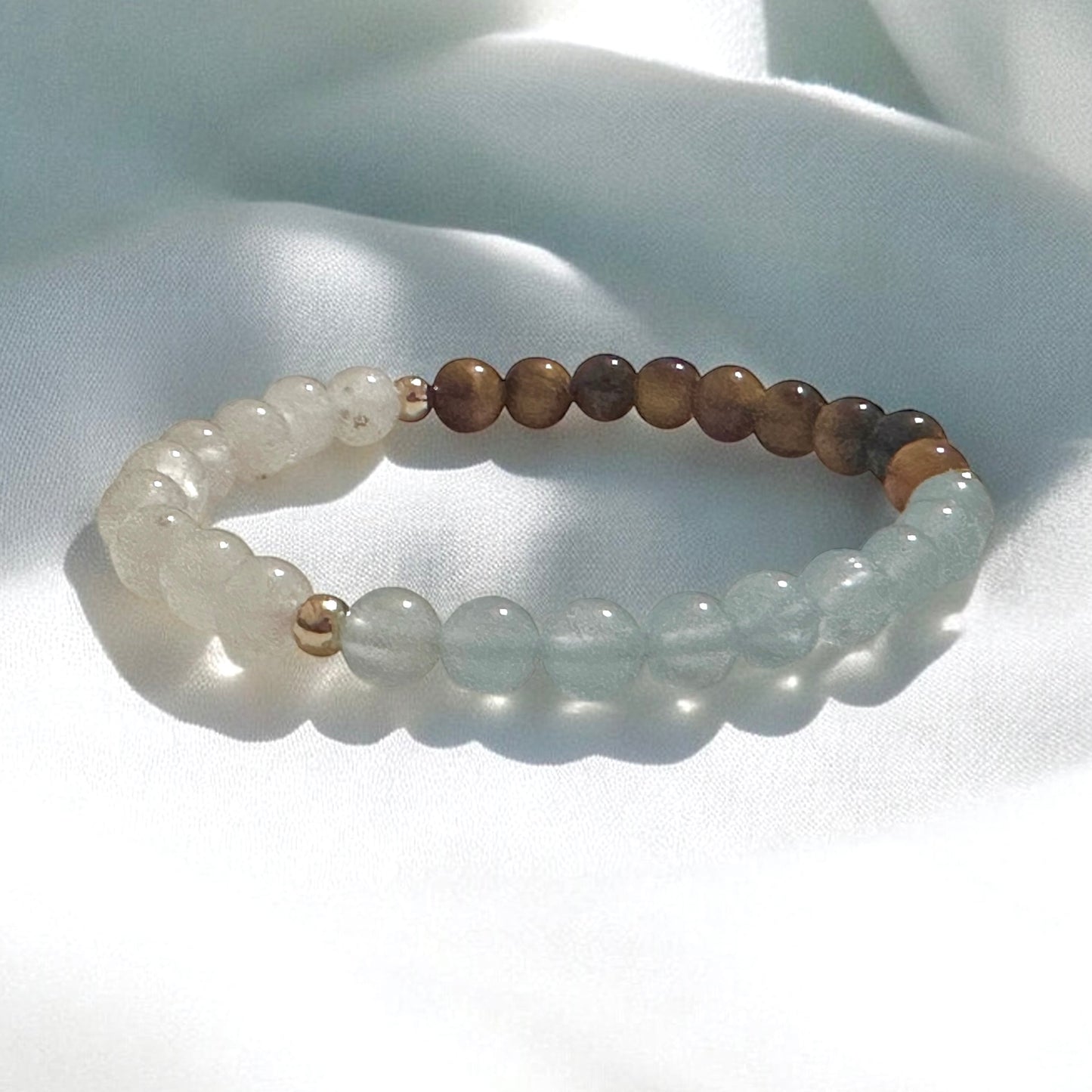 Smooth Journey Alchemy Bracelet (Protection, Flow & Ease in Travel) 6mm Aquamarine, Tiger’s Eye & Moonstone with 14K Gold-Filled Beads