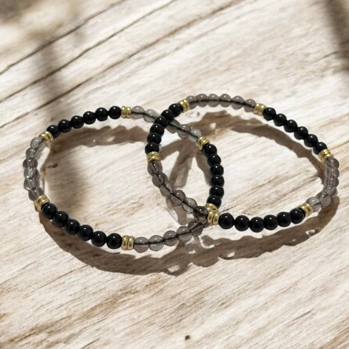 Grounding & Protection Bracelet with 4mm Black Tourmaline & Smoky Quartz with Stainless Steel Rondelle Beads