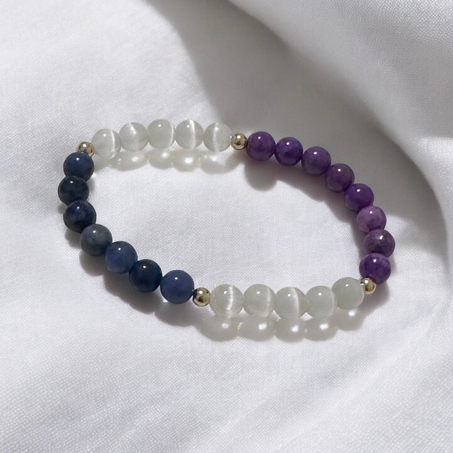 Serenity Flow Alchemy Bracelet (Stress Release) Blue Sodalite, Purple Mica, Selenite (6mm) with 14K Gold-Filled Beads