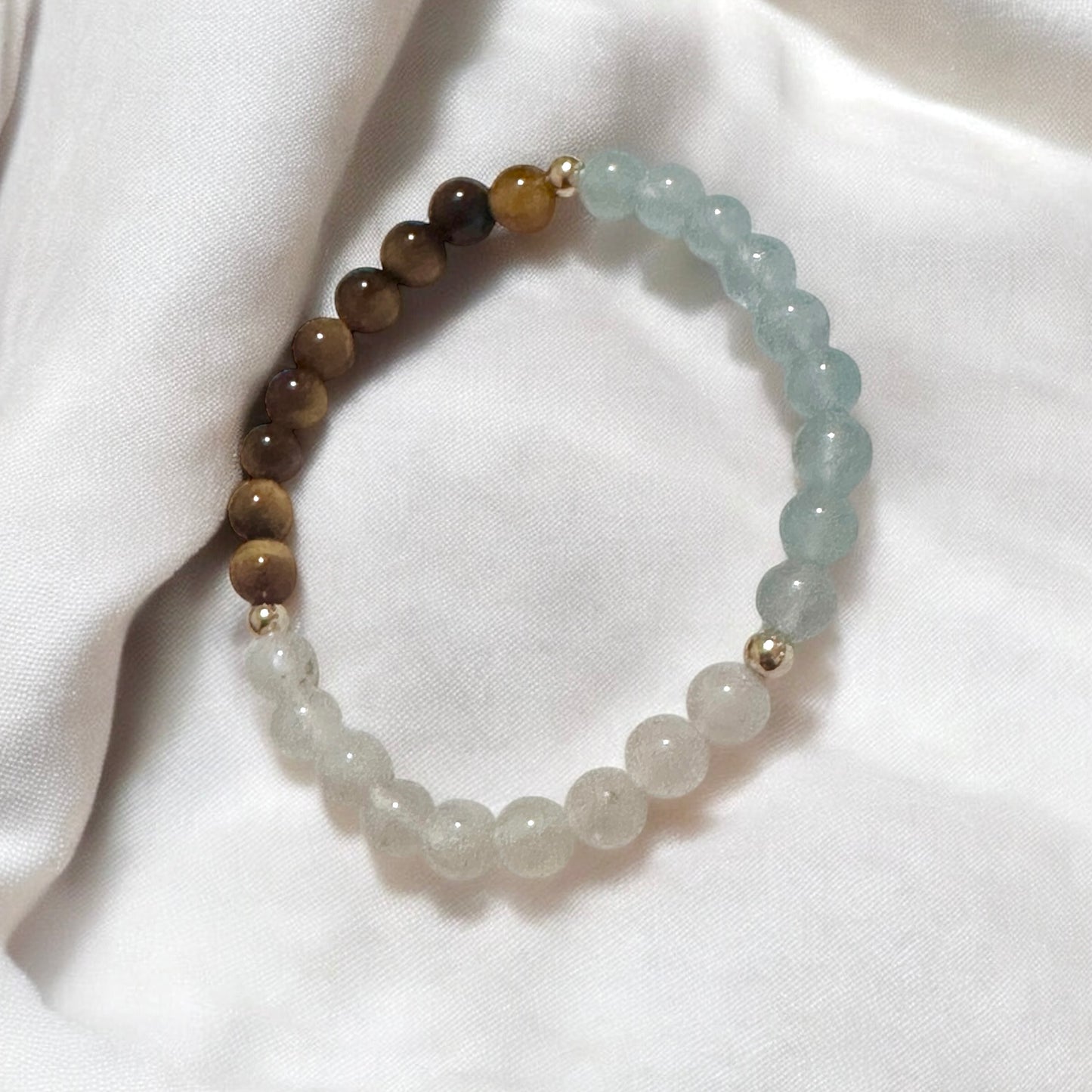 Smooth Journey Alchemy Bracelet (Protection, Flow & Ease in Travel) 6mm Aquamarine, Tiger’s Eye & Moonstone with 14K Gold-Filled Beads