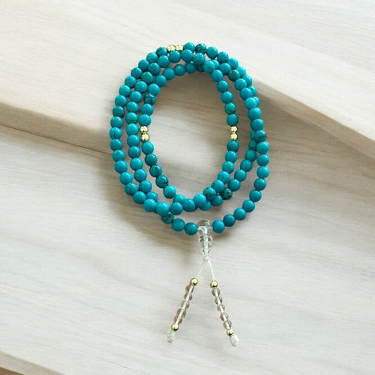 Encoded Tibetan Mala – 108 Hubei Turquoise Beads of Blessing with Clear Quartz • 14K Gold-Filled Beads (Pre-coded & Attuned)