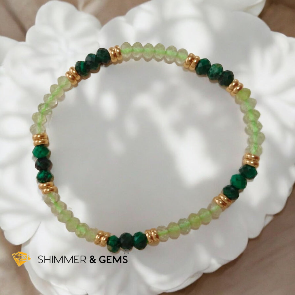 Abundance Alignment Bracelet (Prehnite & Malachite 3x4mm Rondelle) with Stainless Steel Beads