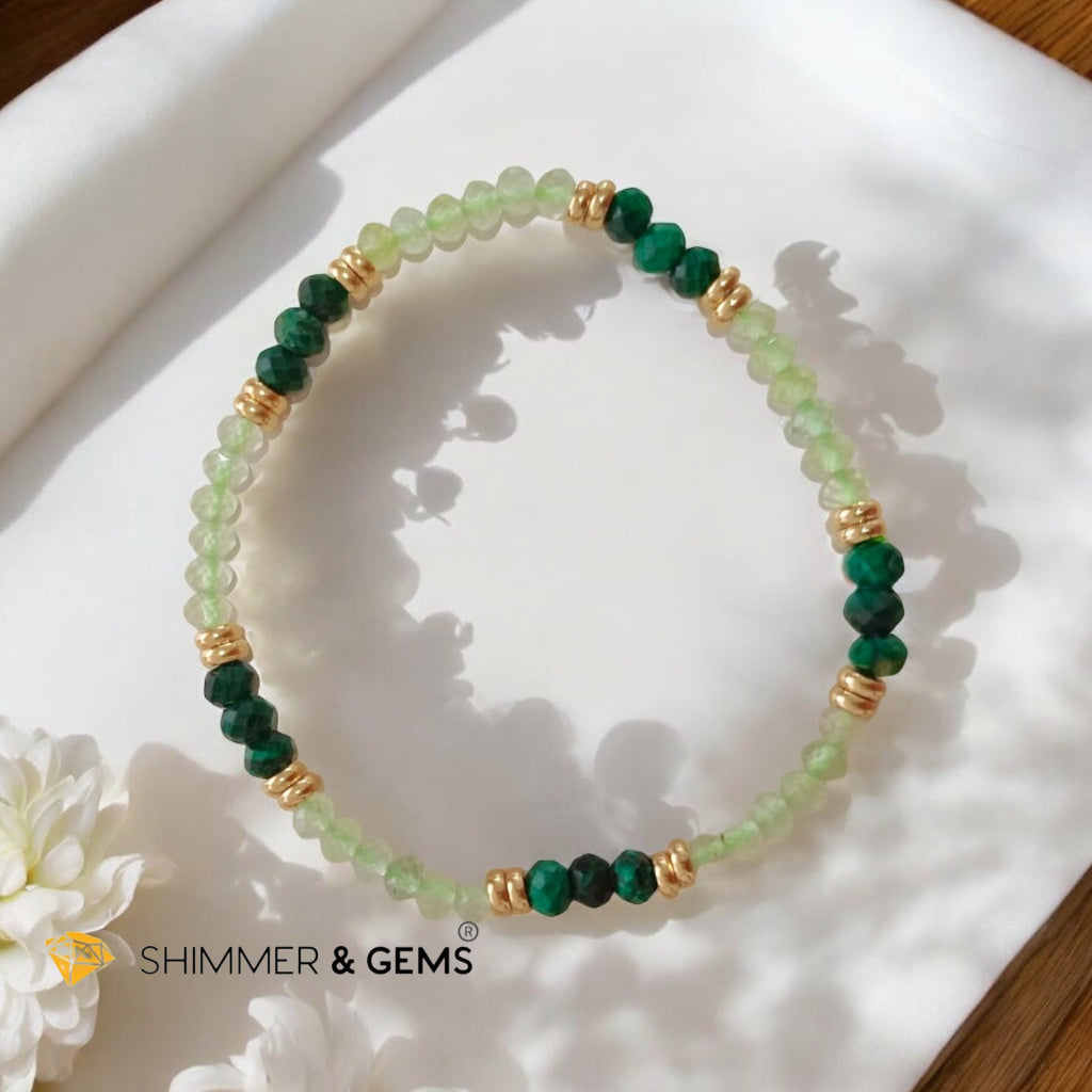 Abundance Alignment Bracelet (Prehnite & Malachite 3x4mm Rondelle) with Stainless Steel Beads
