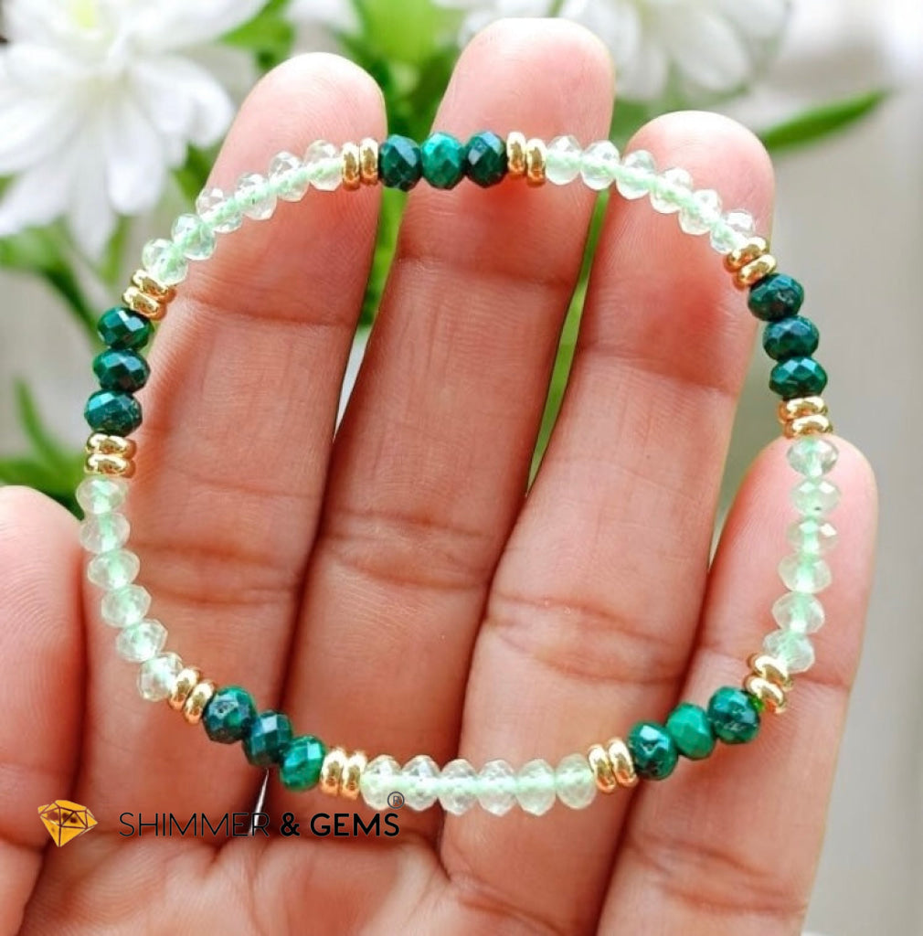 Abundance Alignment Bracelet (Prehnite & Malachite 3x4mn Rondelle) with Stainless Steel Beads