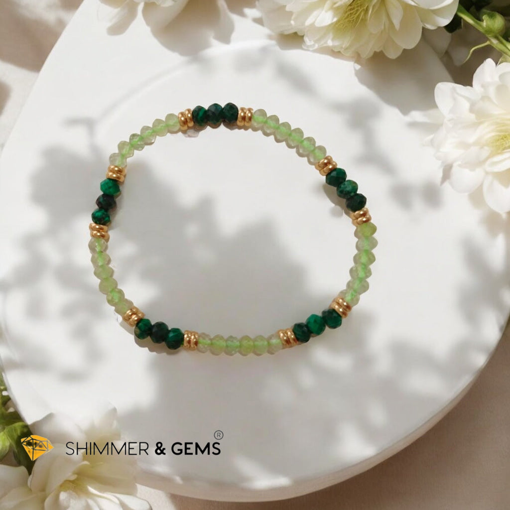 Abundance Alignment Bracelet (Prehnite & Malachite 3x4mn Rondelle) with Stainless Steel Beads