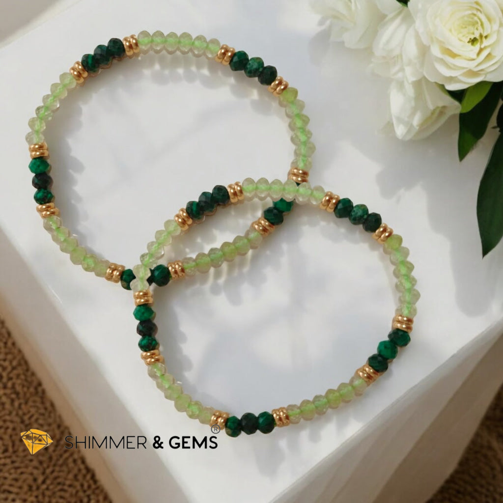 Abundance Alignment Bracelet (Prehnite & Malachite 3x4mn Rondelle) with Stainless Steel Beads