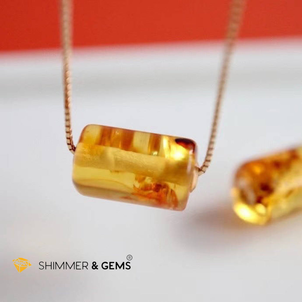 Amber Barrel 18K Gold Pendant (15Mm) + 925 Silver Chain Charms & Pendants