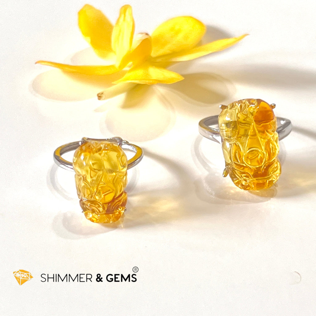 Amber Pixiu 925 Silver Rings (Adjustable Size) Copal 10X15Mm Ring