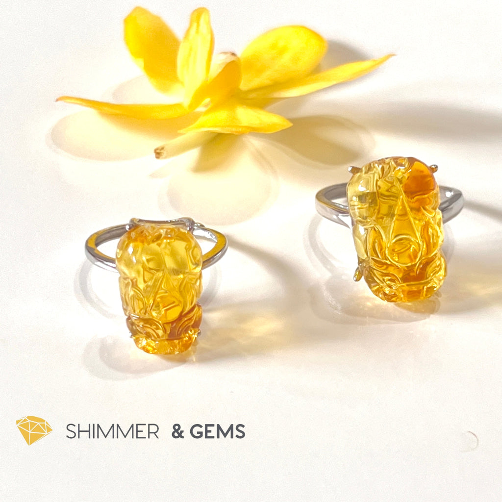 Amber Pixiu 925 Silver Rings (Adjustable Size) Copal 10X15Mm Ring