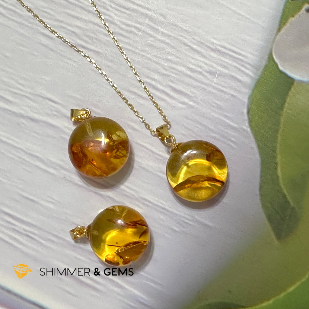 Amber Round 15mm Pendant 925 Silver (Charm for Luck)