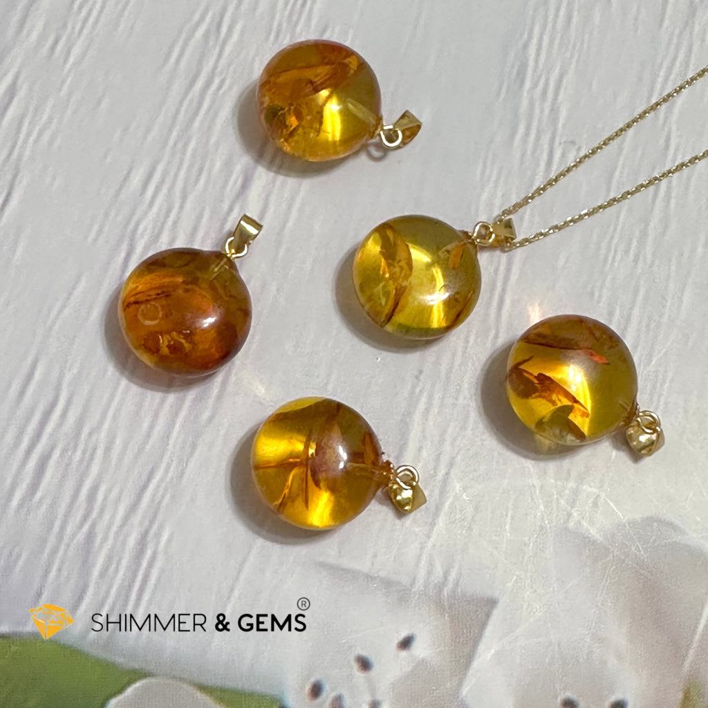 Amber Round 15mm Pendant 925 Silver (Charm for Luck)