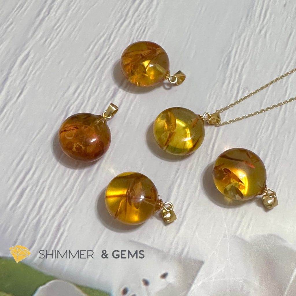 Amber Round 15mm Pendant 925 Silver (Charm for Luck)