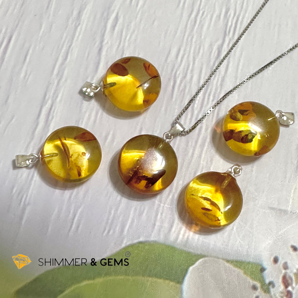 Amber Round 15mm Pendant 925 Silver (Charm for Luck)