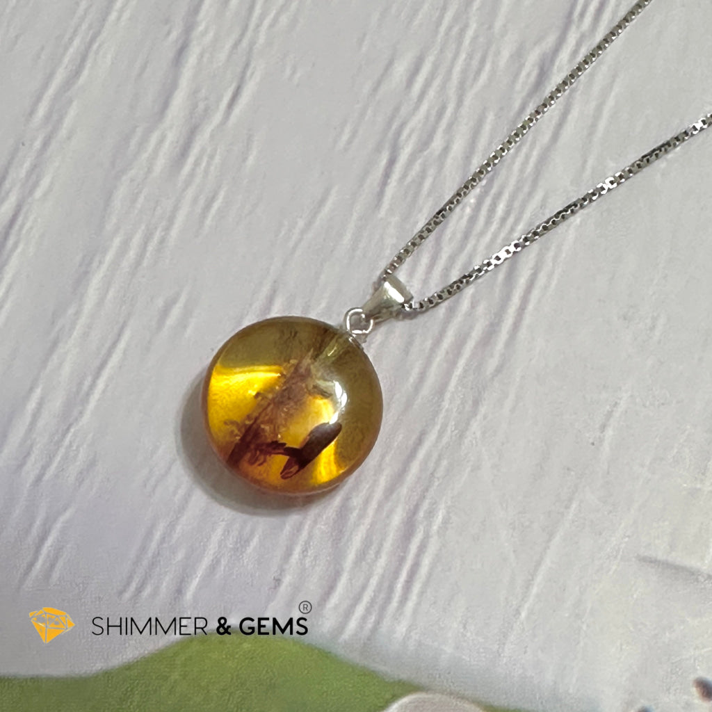 Amber Round 15mm Pendant 925 Silver (Charm for Luck)