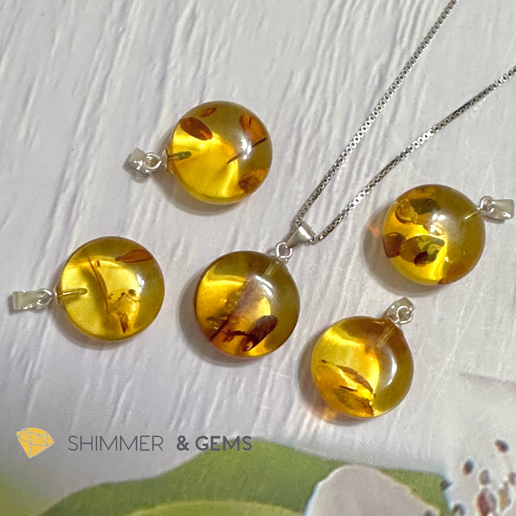 Amber Round 15mm Pendant 925 Silver (Charm for Luck)