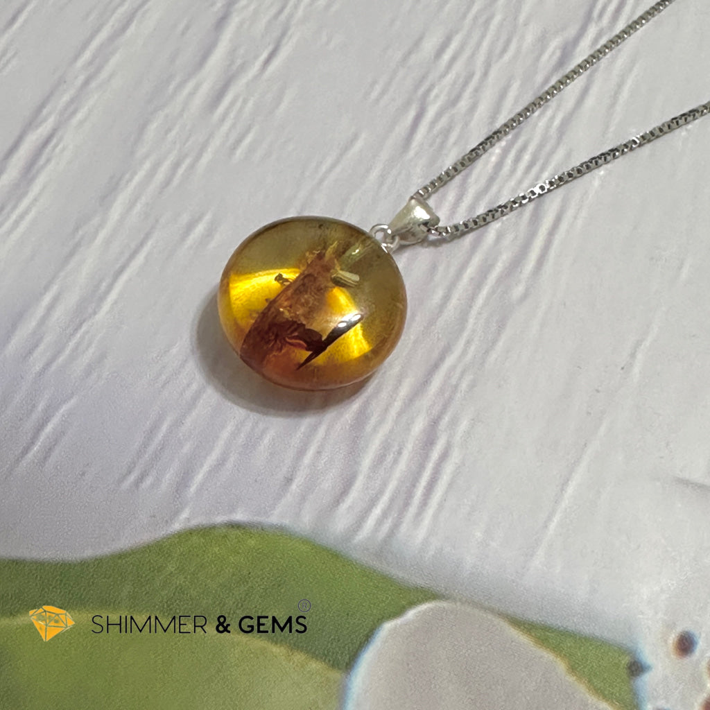 Amber Round 15mm Pendant 925 Silver (Charm for Luck)