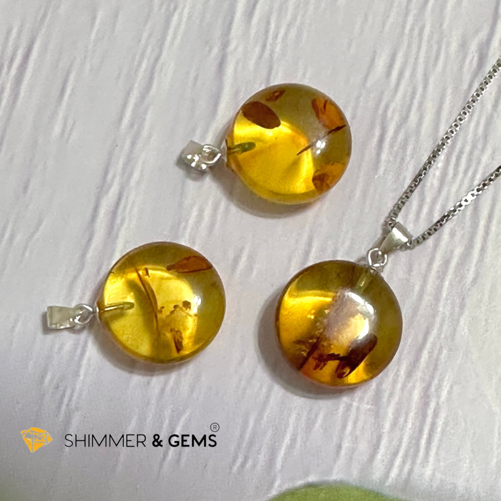 Amber Round 15mm Pendant 925 Silver (Charm for Luck)