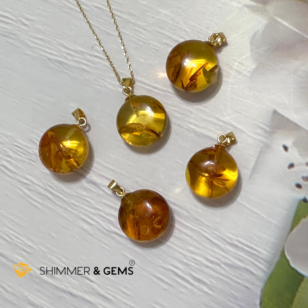 Amber Round 15mm Pendant 925 Silver (Charm for Luck)