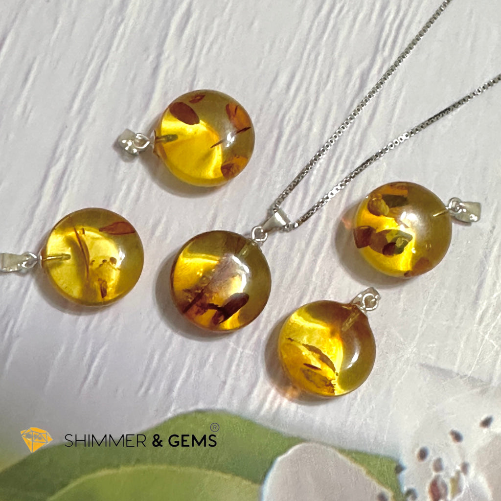 Amber Round 15mm Pendant 925 Silver (Charm for Luck)