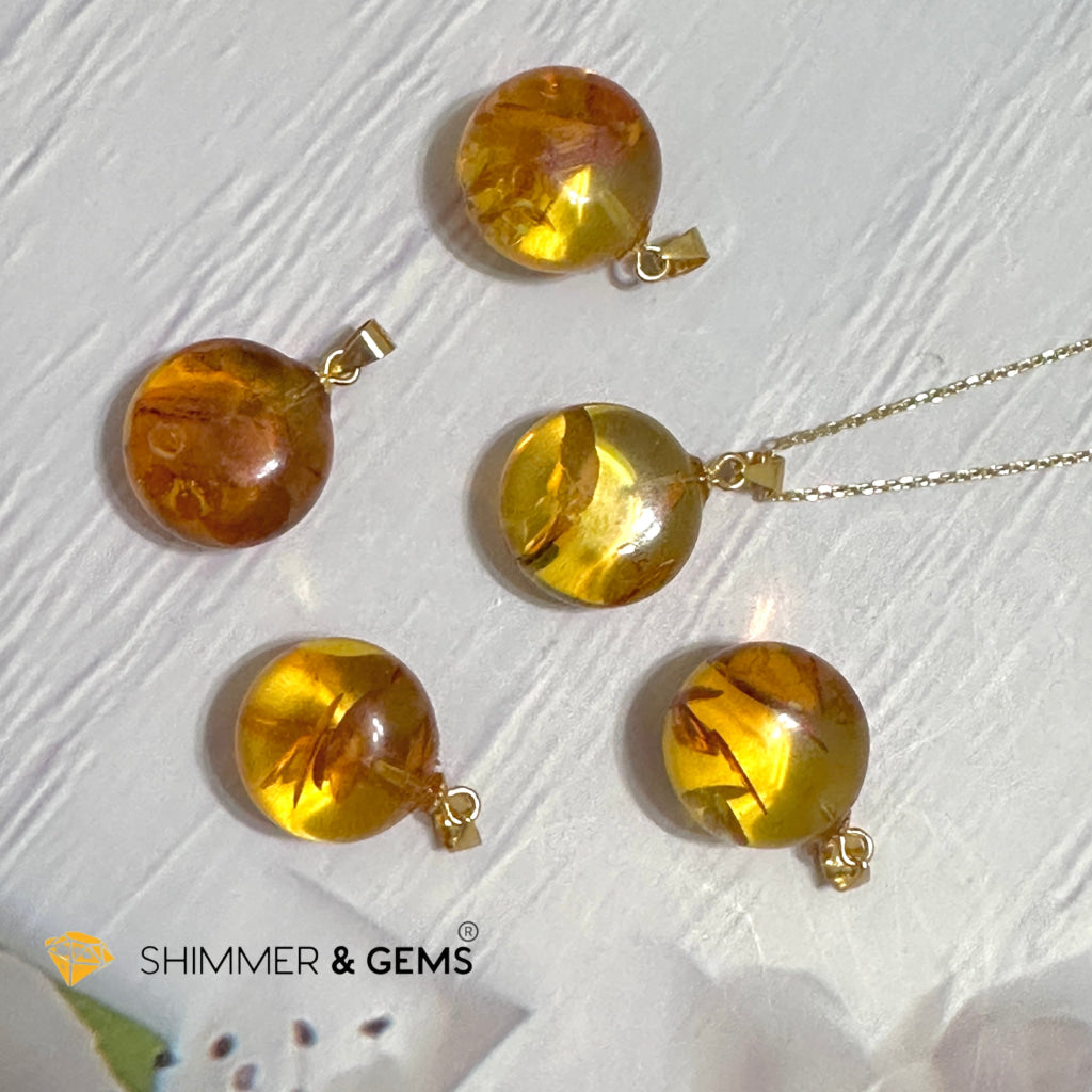 Amber Round 15mm Pendant 925 Silver (Charm for Luck)