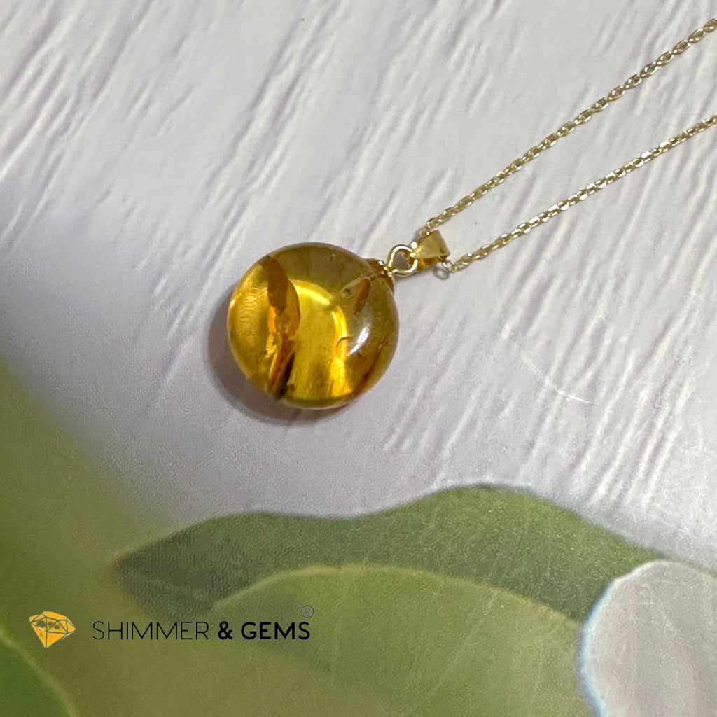 Amber Round 15mm Pendant 925 Silver (Charm for Luck)