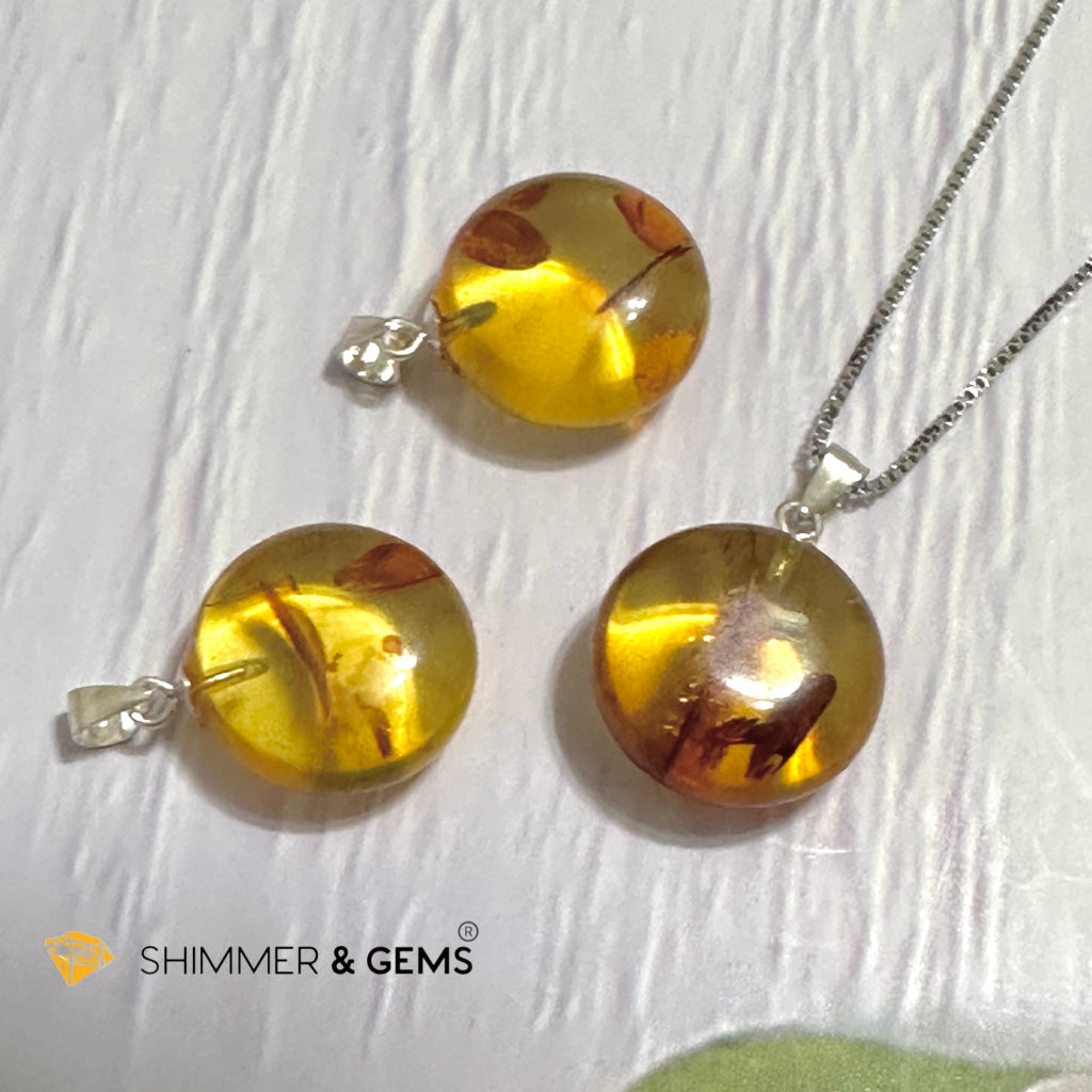 Amber Round 15mm Pendant 925 Silver (Charm for Luck)